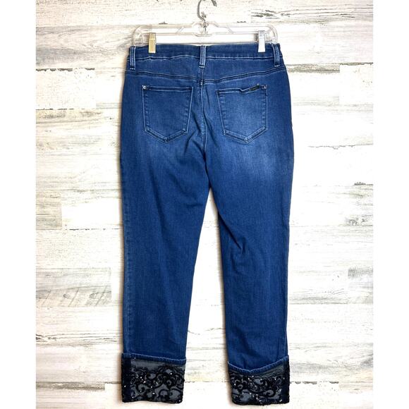 Chico’s Women’s S So Slimming Blue Denim Ankle Jeans Black Lace Sequin Cuff Zip - Picture 2 of 6